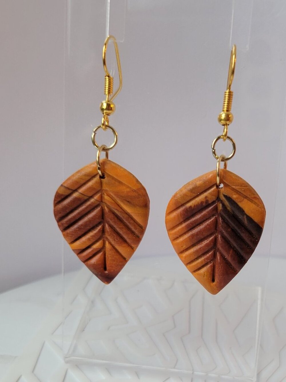 Handmade Autumn Leaf Polymer Clay Dangle Earrings